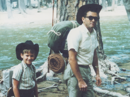 1965. Daddy and me with packs, matching black cowboy hats, backpacks, getting ready to hike to Half Dome in Yosemite Park.